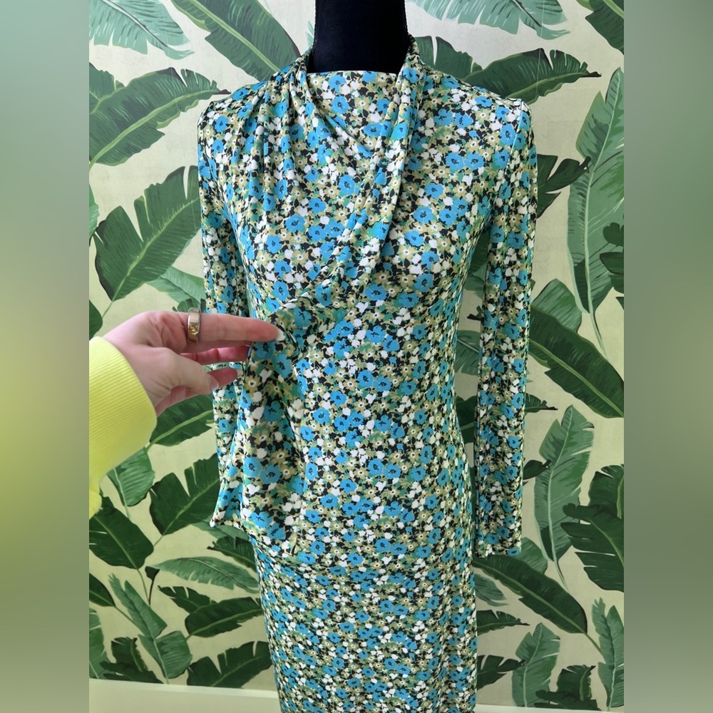 Zara green blue floral long-sleeve midi dress high neck Kentucky Derby Medium - Picture 10 of 14